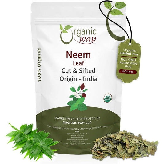 Organic Way Neem Leaf Cut And Sifted Front View Four Ounce Bag