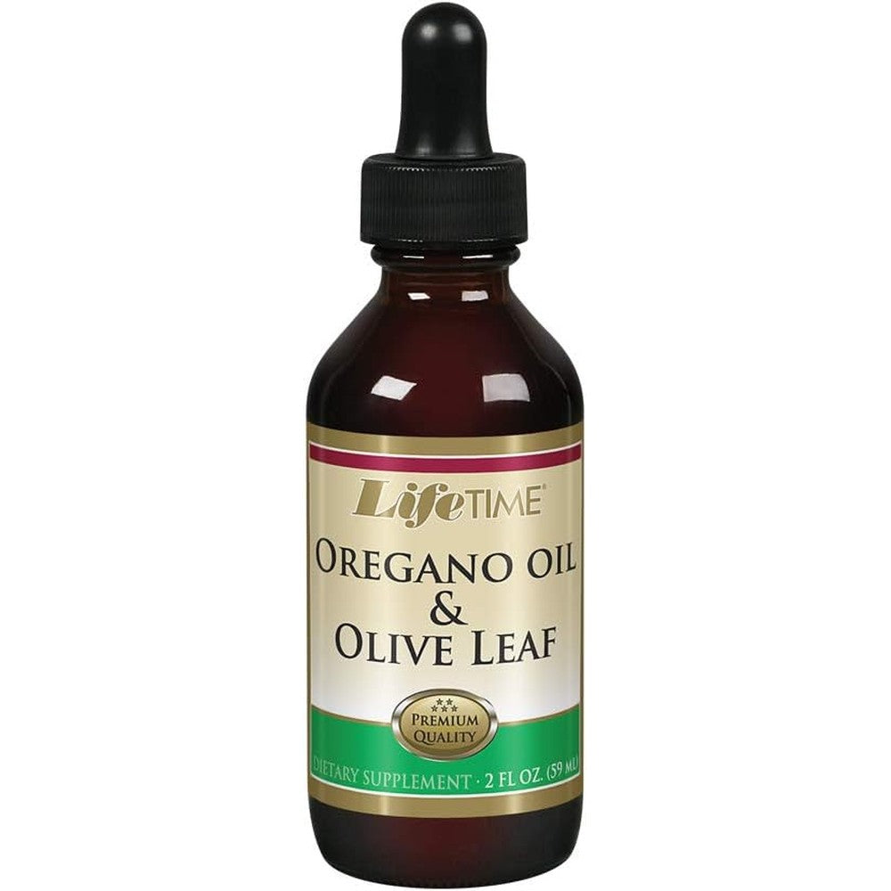Lifetime Organic Oregano Oil and Olive Leaf liquid drops front bottle view