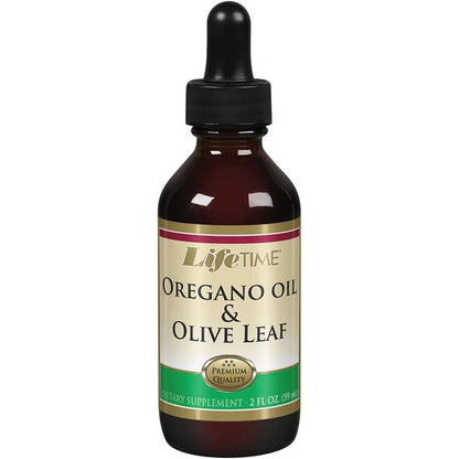 Lifetime Organic Oregano Oil and Olive Leaf liquid drops front bottle view