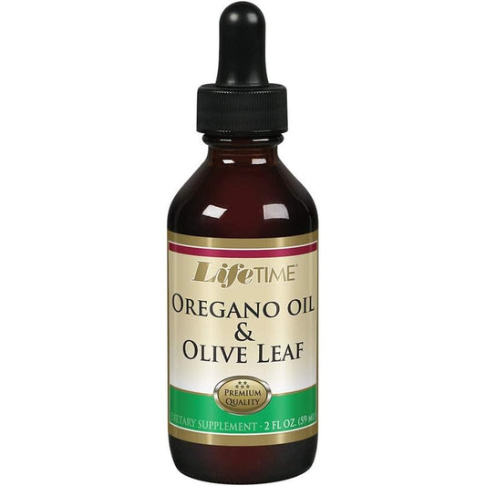 Lifetime Organic Oregano Oil and Olive Leaf liquid drops front bottle view
