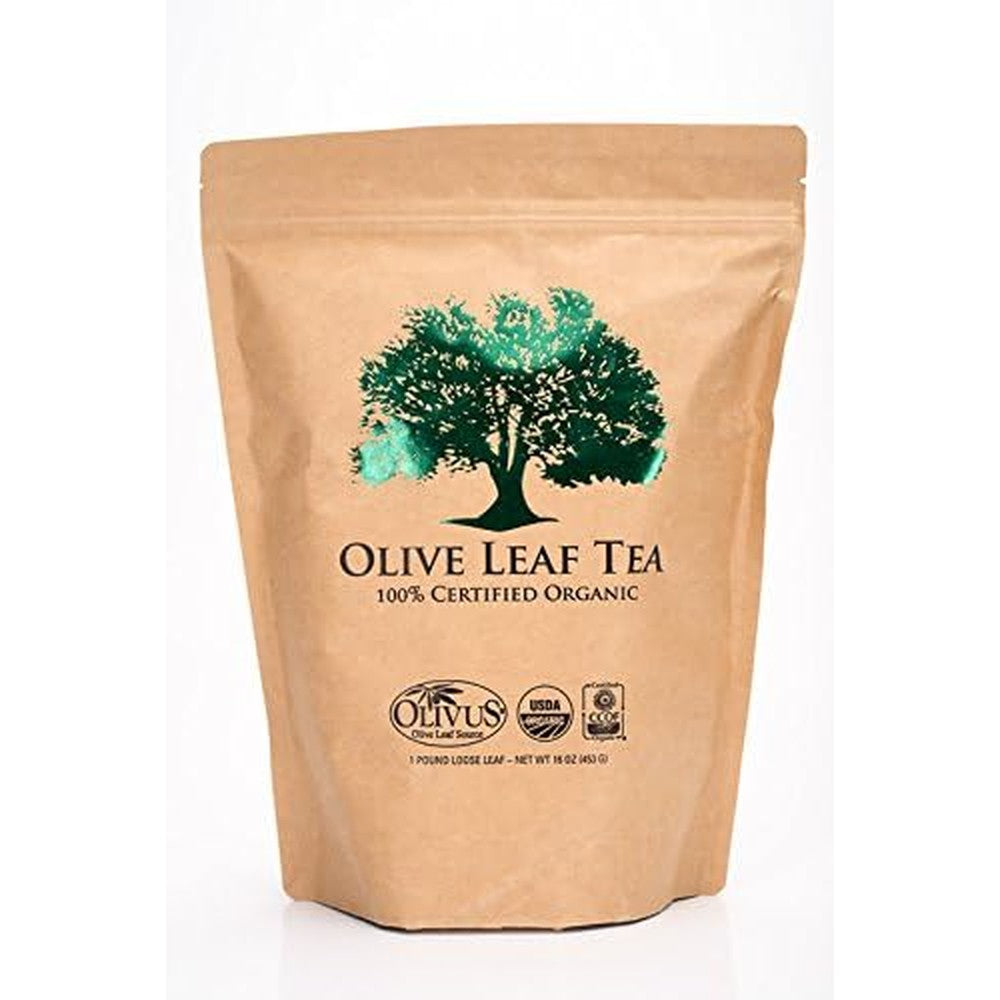 Olivus Organic Olive Leaf Tea sixteen ounce resealable bag front view