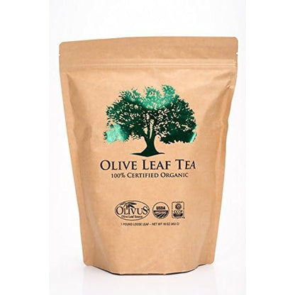 Olivus Organic Olive Leaf Tea sixteen ounce resealable bag front view