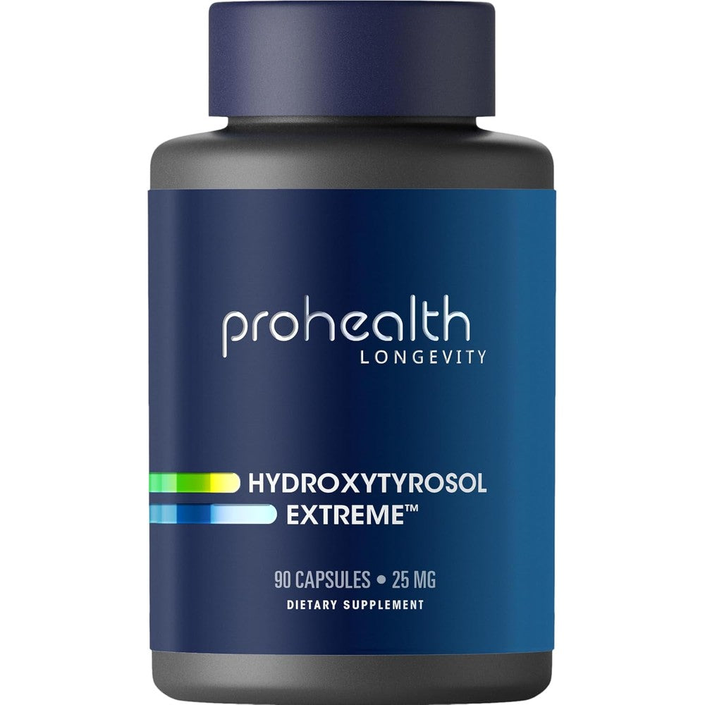 ProHealth Hydroxytyrosol Extreme 90 vegetarian capsules front bottle view showing 25 milligrams strength