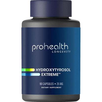 ProHealth Hydroxytyrosol Extreme 90 vegetarian capsules front bottle view showing 25 milligrams strength