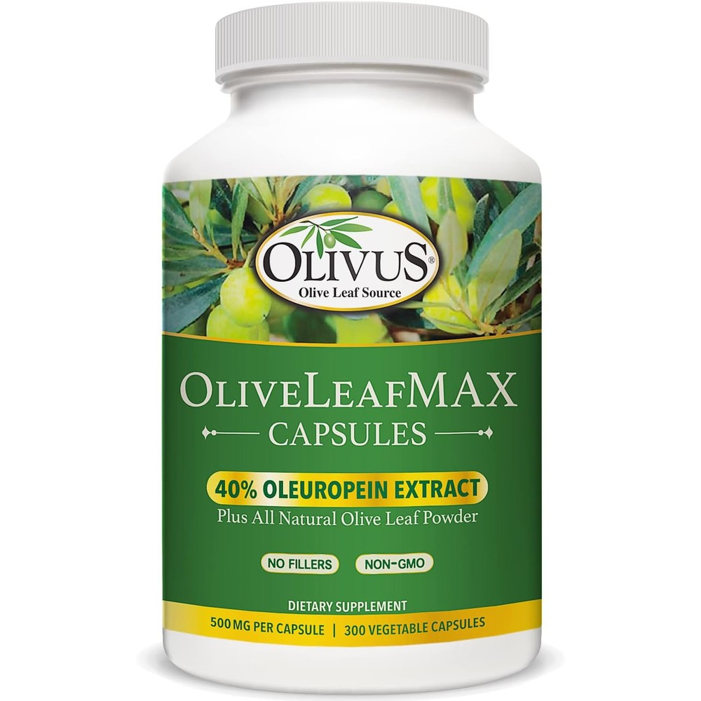 Olivus OliveLeafMAX 300 vegetarian capsules front view showing premium immune support label.