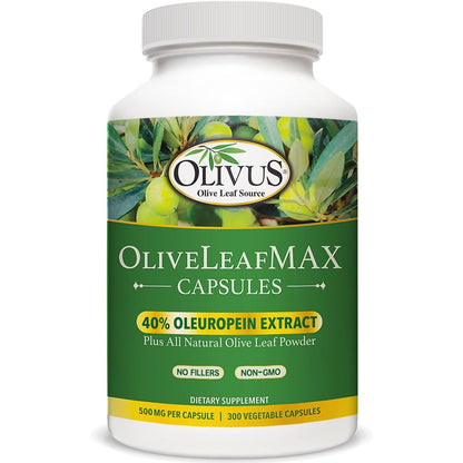 Olivus OliveLeafMAX 300 vegetarian capsules front view showing premium immune support label.