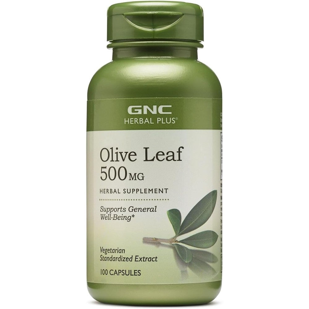 GNC Herbal Plus Olive Leaf 500mg vegetarian supplement front view green bottle