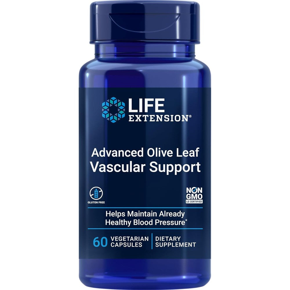 Life Extension Advanced Olive Leaf Vascular Support front view bottle of heart health supplement capsules