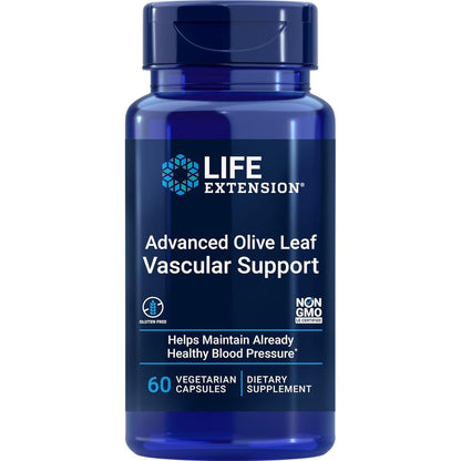 Life Extension Advanced Olive Leaf Vascular Support front view bottle of heart health supplement capsules