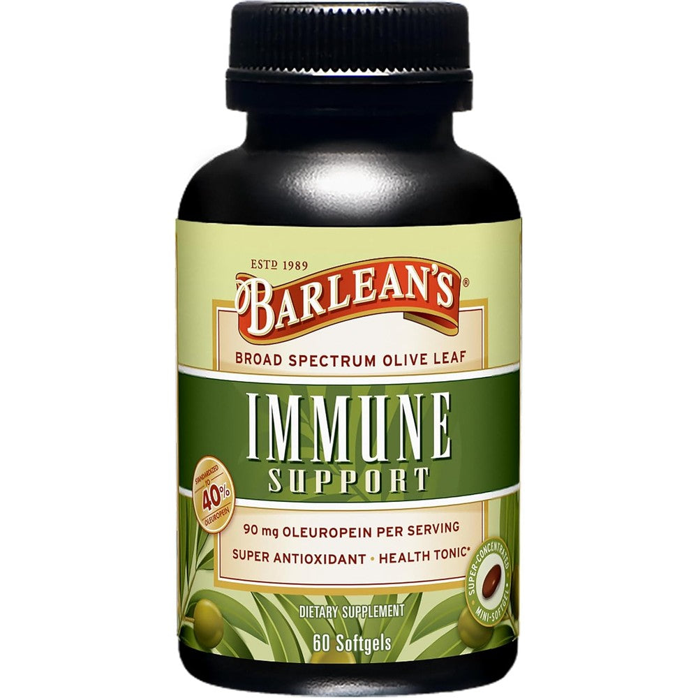 Barlean's Olive Leaf Complex Immune Support front bottle view showing sixty softgels label.