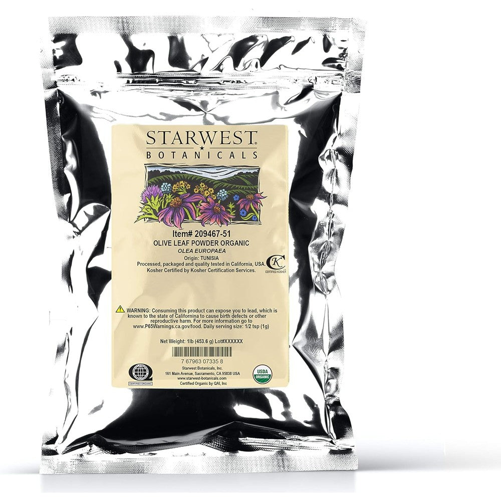 Starwest Botanicals Organic Olive Leaf Powder 1 Pound bag front view showing USDA Organic seal.