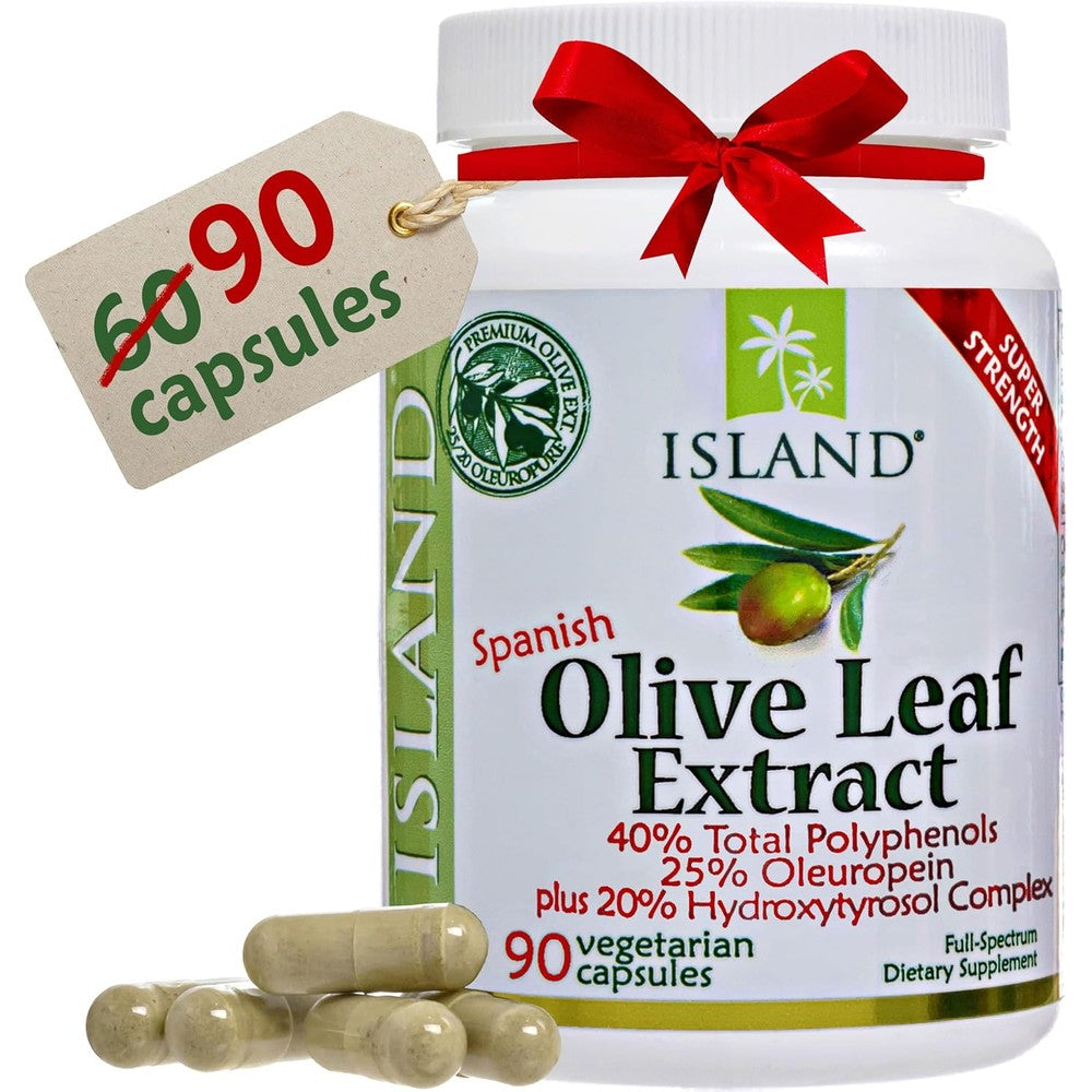 Island Nutrition Olive Leaf Extract bottle front view showcasing ninety vegetarian capsules product label