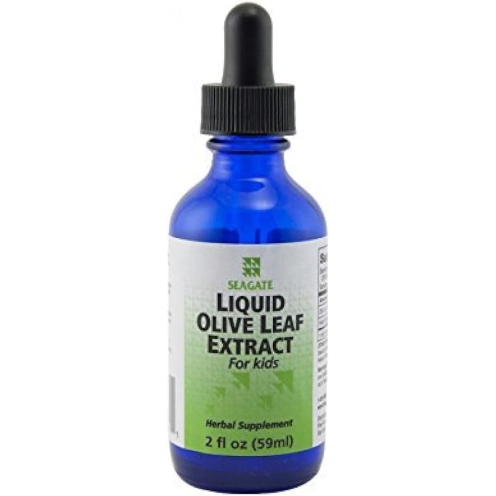 Seagate Liquid Olive Leaf Extract for Kids 2.0 Fluid Ounce front view bottle showcasing the raspberry spearmint flavor label.