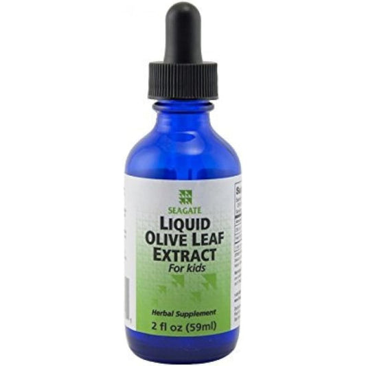 Seagate Liquid Olive Leaf Extract for Kids 2.0 Fluid Ounce front view bottle showcasing the raspberry spearmint flavor label.