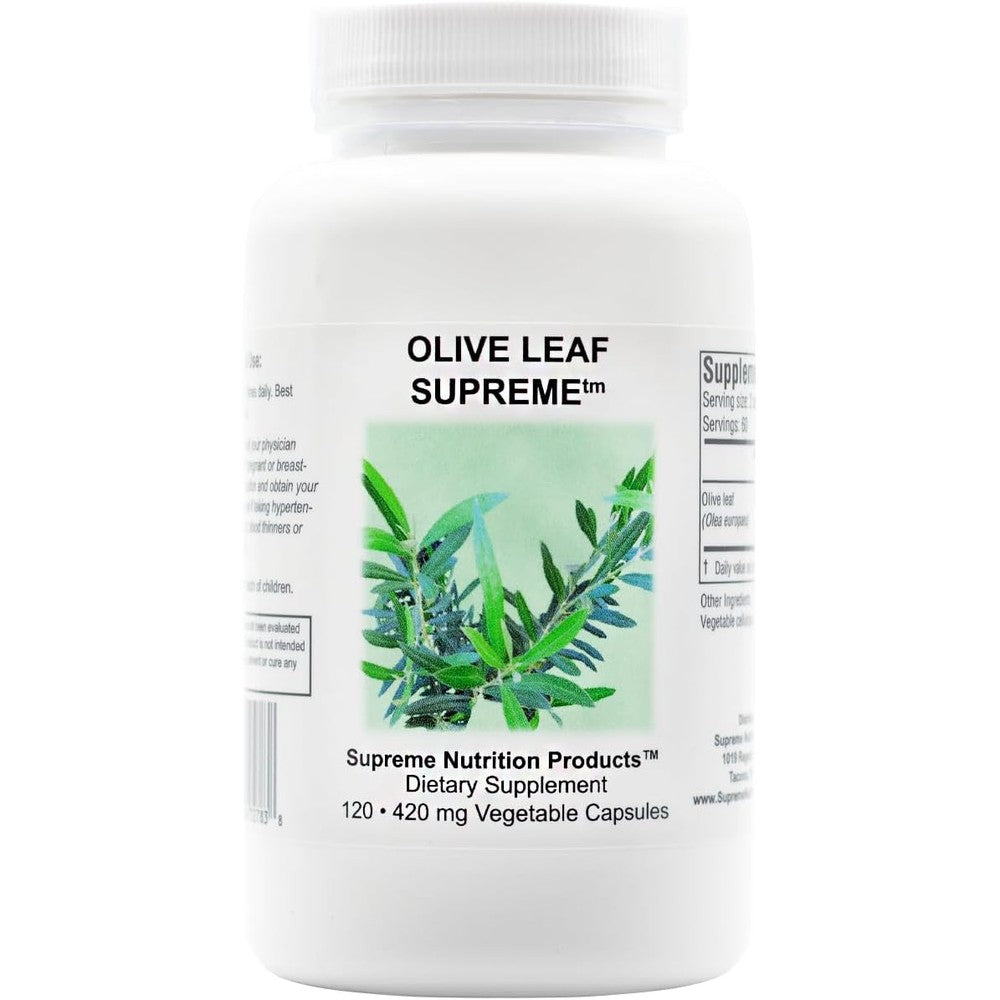 Supreme Nutrition Products Olive Leaf Supreme front view bottle containing 120 pure vegetarian capsules for immune defense
