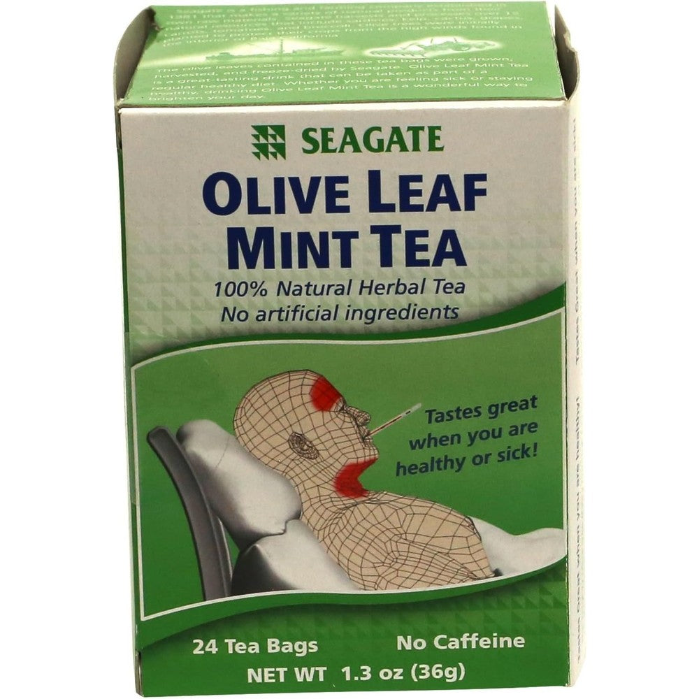 Seagate Olive Leaf Herbal Mint Tea 24 Teabags front box view showing authentic immune support packaging.