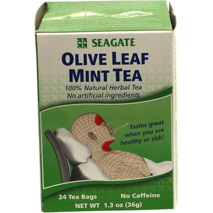 Seagate Olive Leaf Herbal Mint Tea 24 Teabags front box view showing authentic immune support packaging.