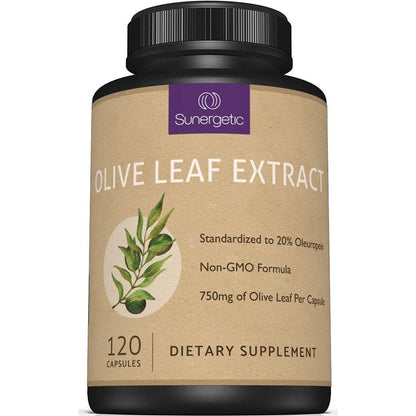 Sunergetic Premium Olive Leaf Extract 750mg bottle front view for premium immune support