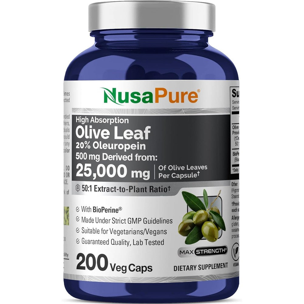 NusaPure Olive Leaf Extract 25000mg capsules blue bottle front view