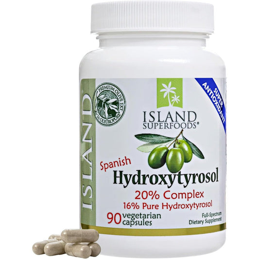 Island Nutrition Hydroxytyrosol Complex Olive Fruit Extract 90 capsules front view showcasing label details