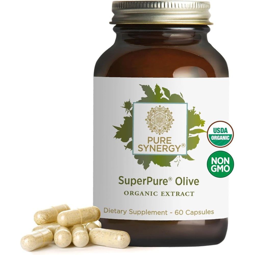 Pure Synergy SuperPure Olive Extract 60 Capsules front bottle view for heart health