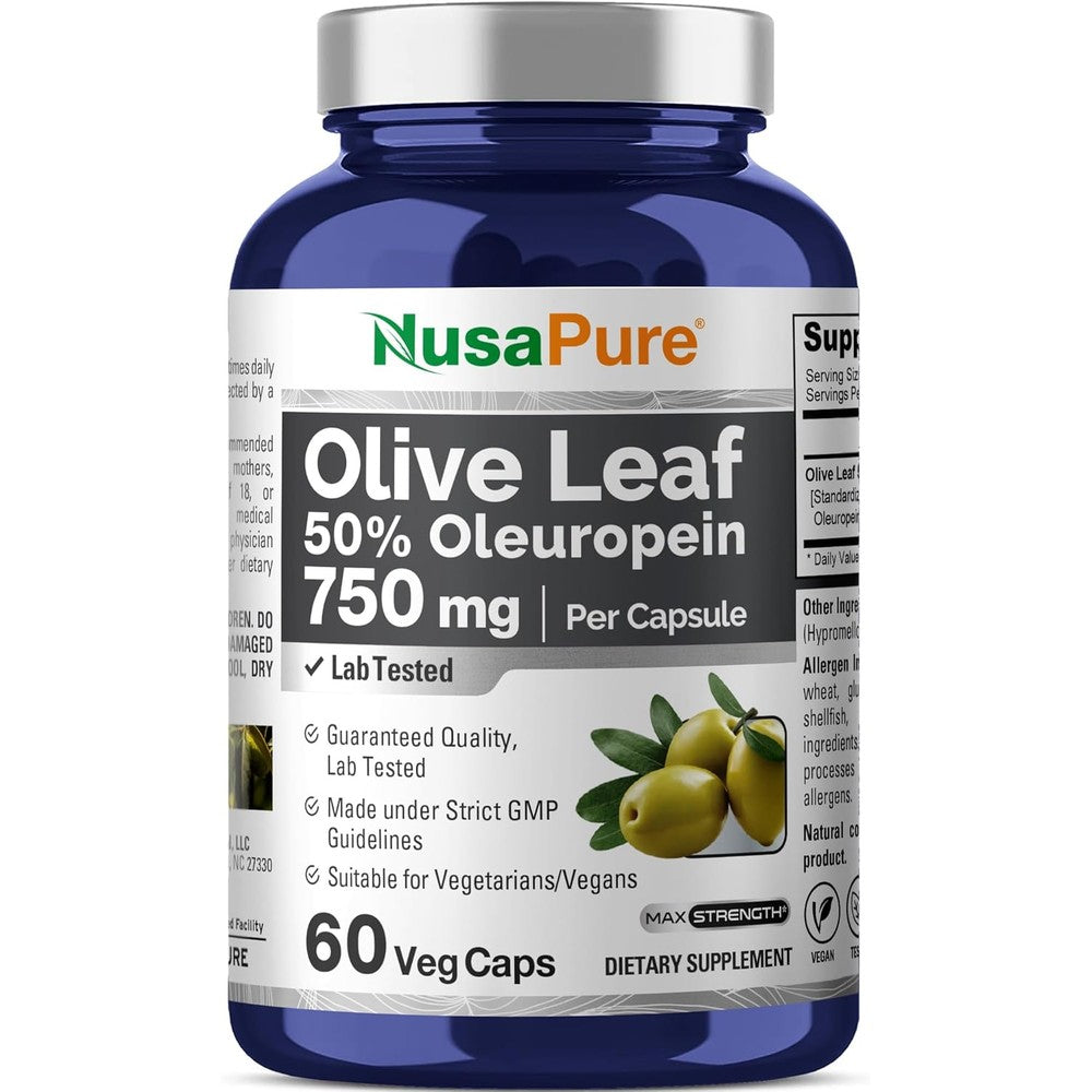 NusaPure Olive Leaf Extract 750 mg bottle front view showing immune support supplement benefits.