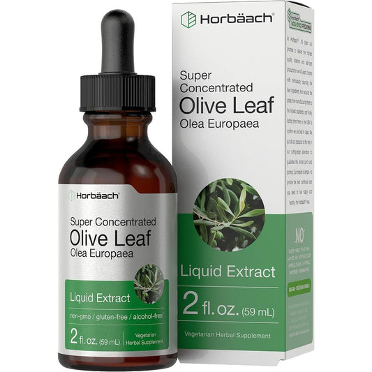 HorbÃ¤ach Olive Leaf Extract Liquid 2 Fluid Ounce bottle front view showing clean vegetarian formula label.