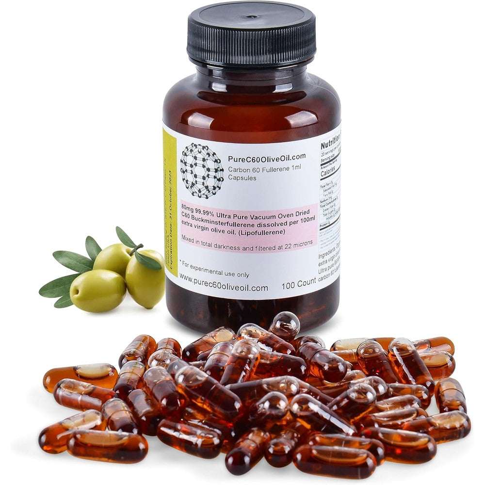 PureC60OliveOil Carbon sixty capsules front view bottle on white background