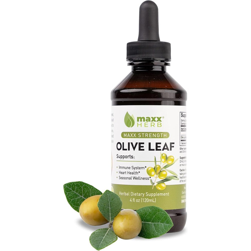 Maxx Herb Olive Leaf Extract four fluid ounce front bottle view showing premium immune support liquid supplement labels