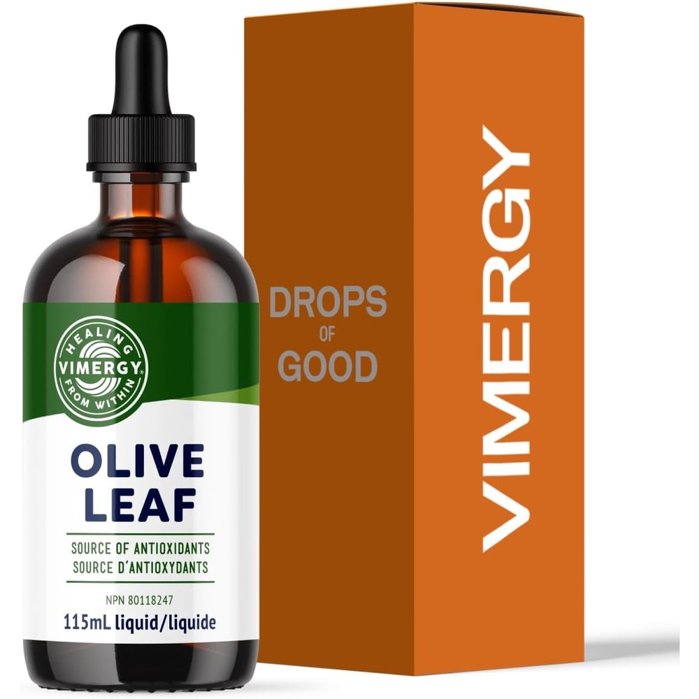 Vimergy Organic Olive Leaf Liquid Extract 115 milliliter bottle front view showcasing immune support label.