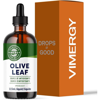 Vimergy Organic Olive Leaf Liquid Extract 115 milliliter bottle front view showcasing immune support label.