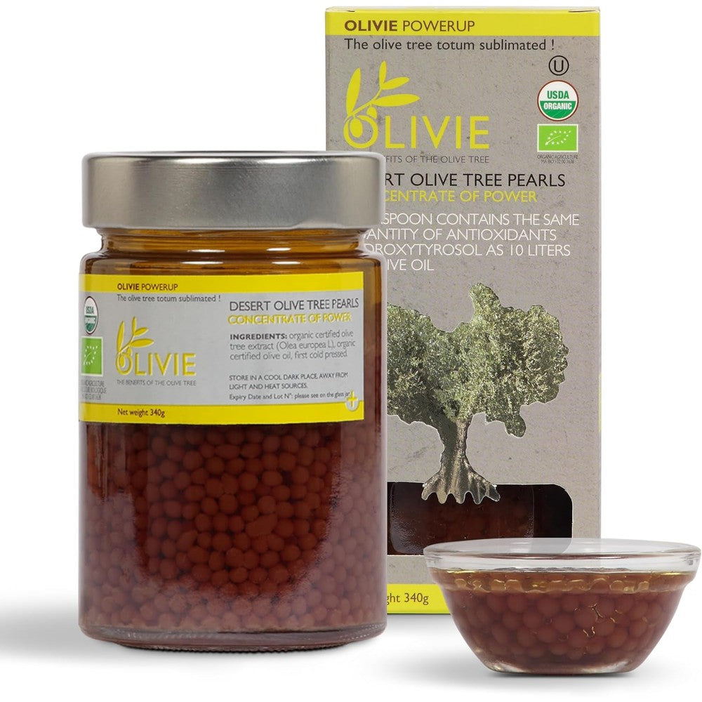 OLIVIE PowerUp Pearls 340 grams jar front view organic antioxidant supplement