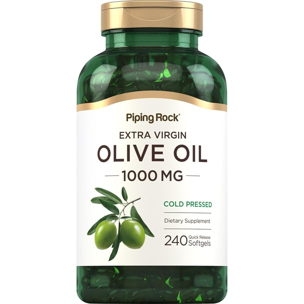 Piping Rock Organic Extra Virgin Olive Oil 1000mg bottle front view showing 240 softgels label.