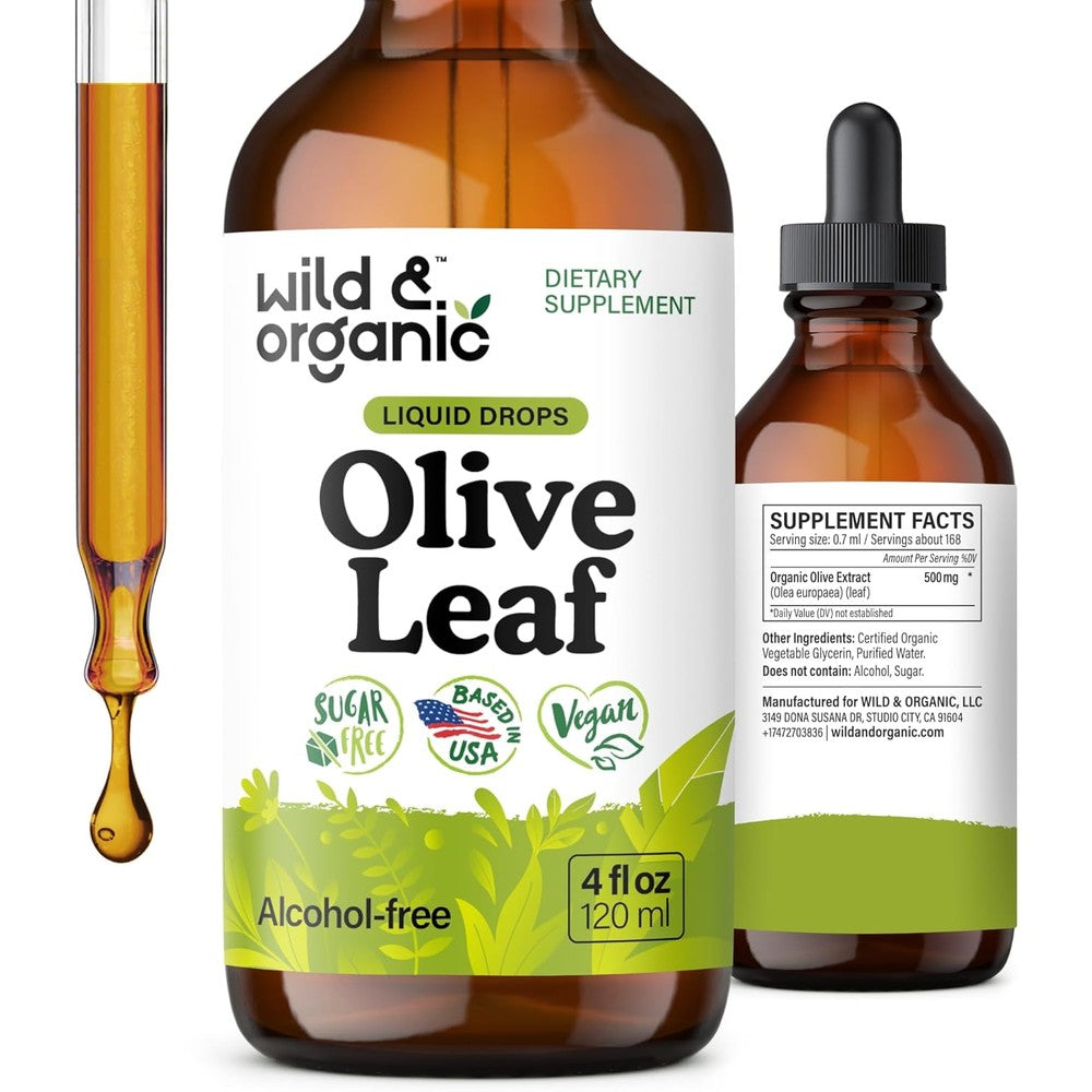 Wild and Organic Olive Leaf Liquid Extract front view bottle for natural immune defense