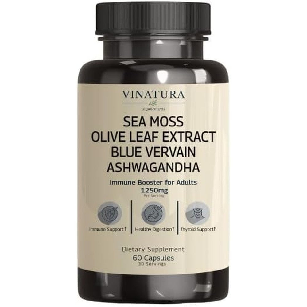 Vinatura Organic Sea Moss and Blue Vervain 60 capsules bottle front view showing product labels.