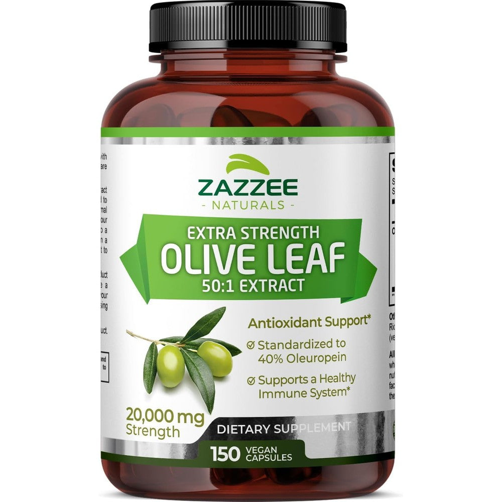 Zazzee Extra Strength Olive Leaf 150 vegan capsules front view for immune support