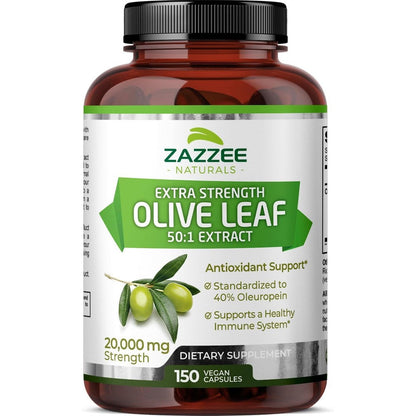 Zazzee Extra Strength Olive Leaf 150 vegan capsules front view for immune support