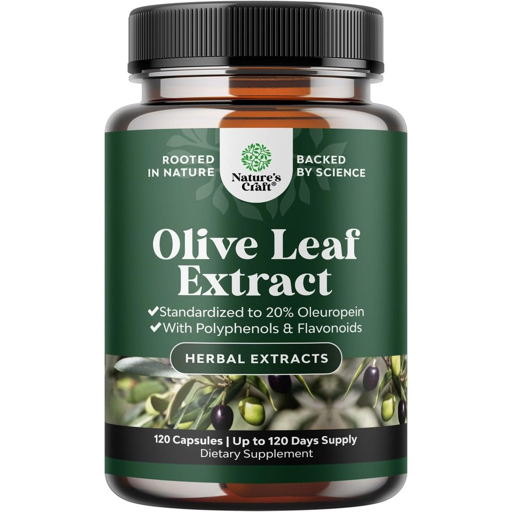Nature's Craft Olive Leaf Extract 120 vegan capsules front bottle view