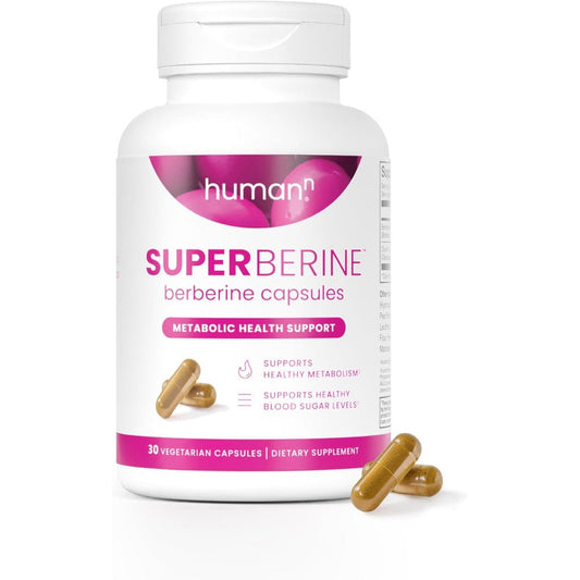 HumanN SuperBerine Berberine supplement bottle front view showing 30 capsules count for metabolic support.