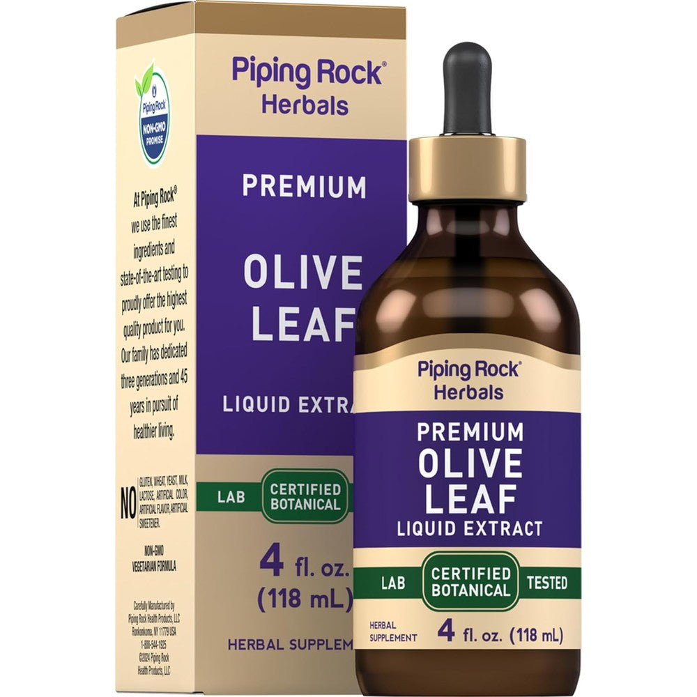Piping Rock Olive Leaf Extract Liquid Drops four fluid ounce front view bottle for natural immune support