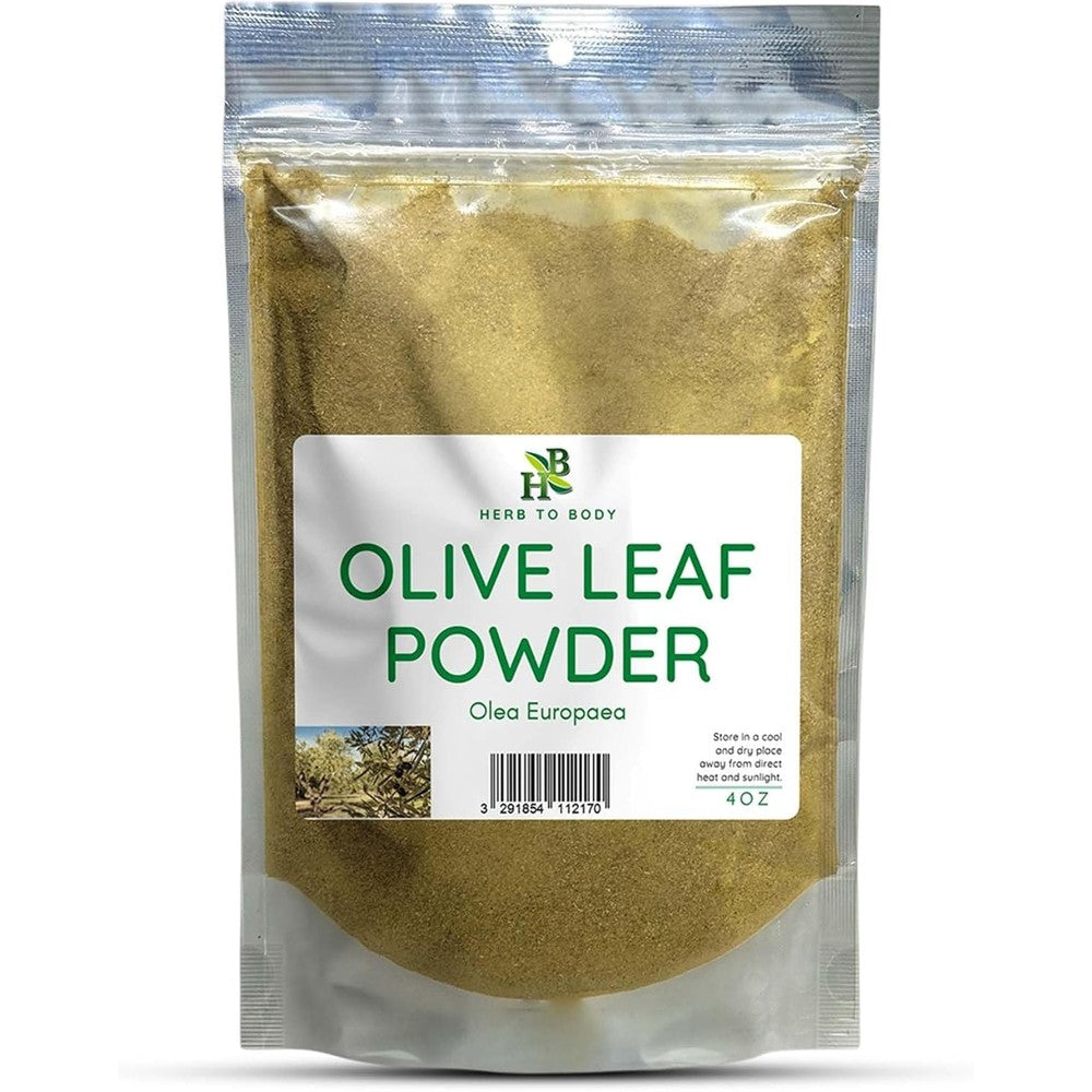 Foodherbs Herb To Body Olive Leaf Powder 4 ounce pouch front view showing organic packaging.