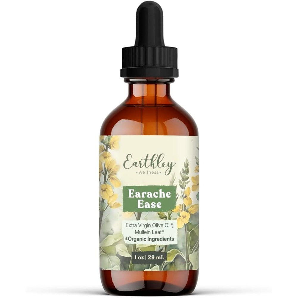 Earthley Wellness Earache Ease 1 Fluid Ounce bottle front view showing organic ingredients label