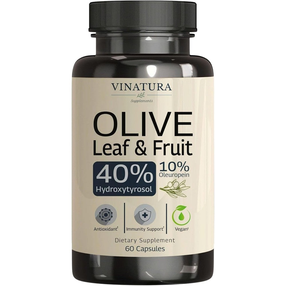 VINATURA Hydroxytyrosol and Olive Leaf Extract 60 capsules front bottle view showing supplement facts.