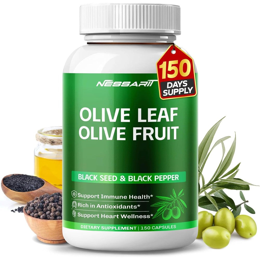 Nessarit Olive Leaf and Olive Fruit supplement front bottle view