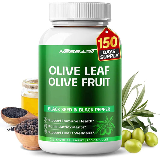 Nessarit Olive Leaf and Olive Fruit supplement front bottle view