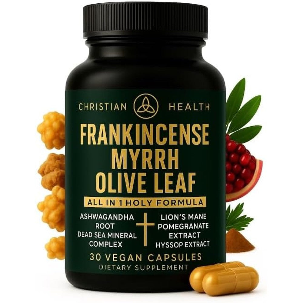 Bioregen Christian Health Frankincense Myrrh and Ashwagandha capsules front view bottle showing 30 vegan capsules label.