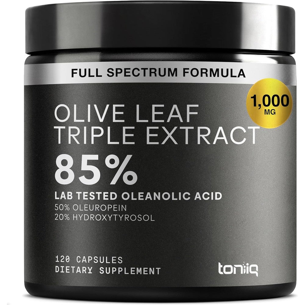 Toniiq Olive Leaf Extract Complex front view bottle of immune support supplement capsules