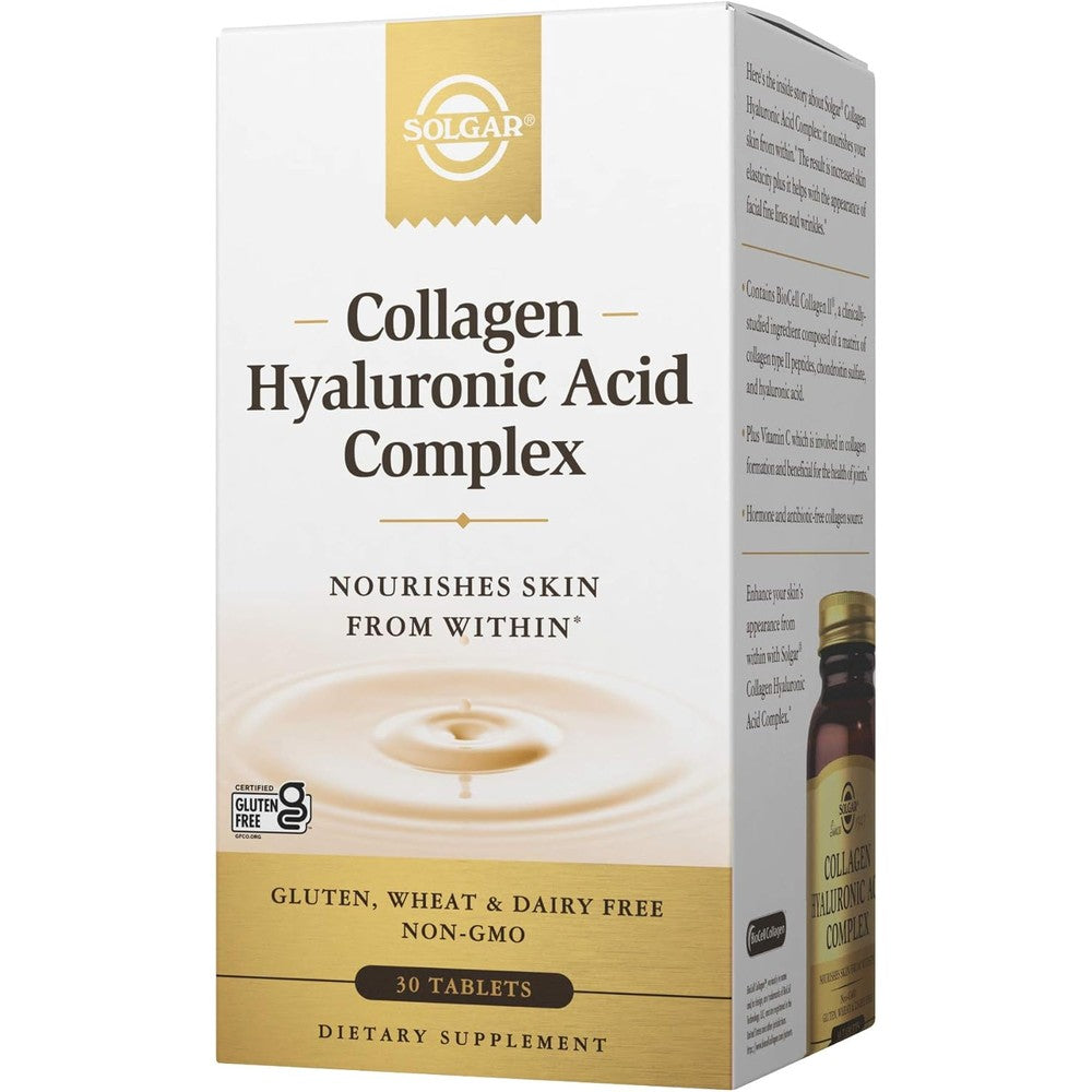 Solgar Collagen Hyaluronic Acid 30 Tablets front view for skin health
