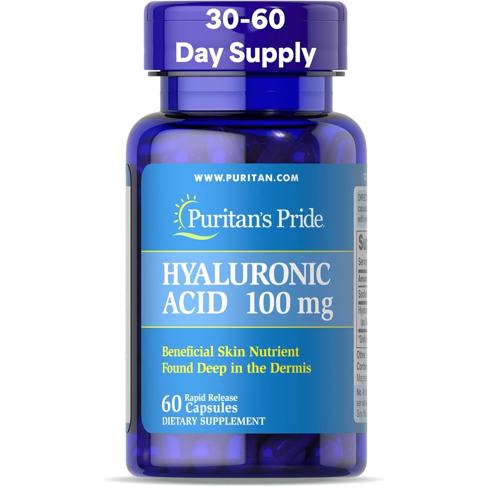 Puritan's Pride Hyaluronic Acid 100mg 60 Capsules front view skin hydration supplement
