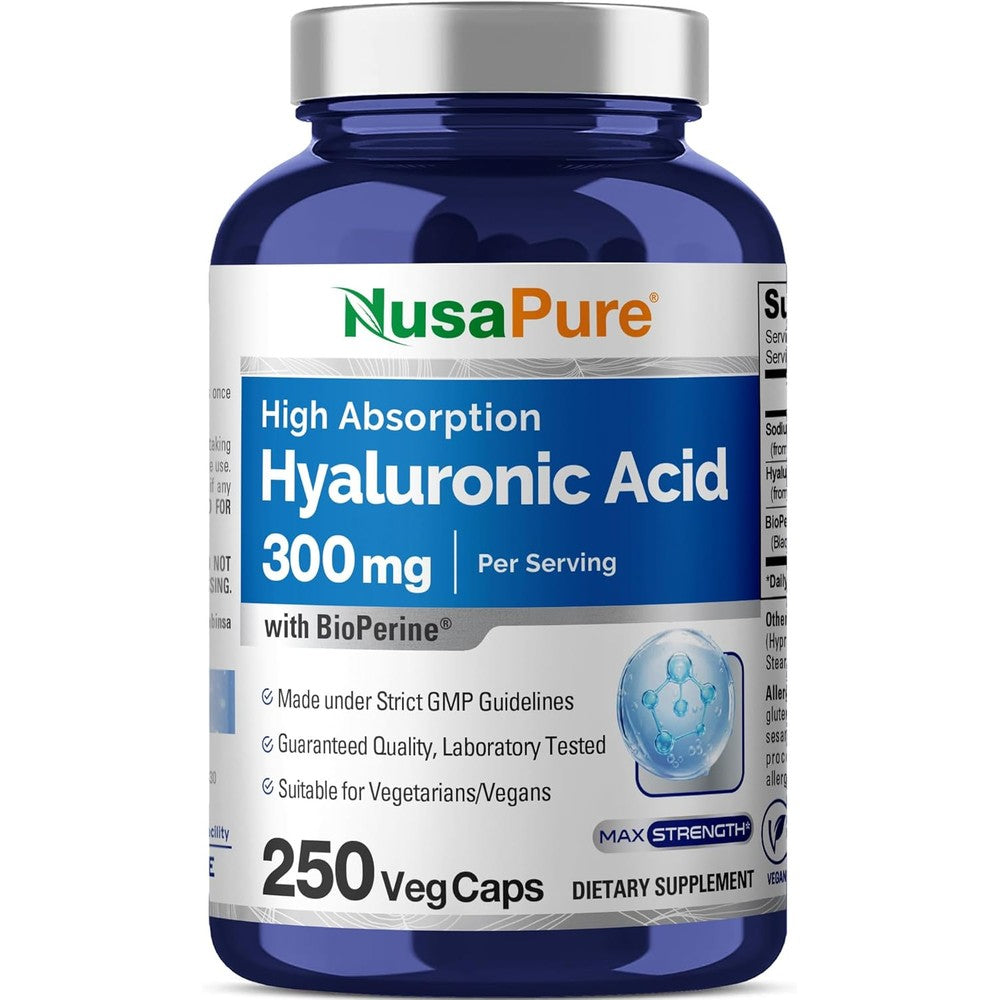 NusaPure Hyaluronic Acid 300mg 250 Veggie Capsules Front View